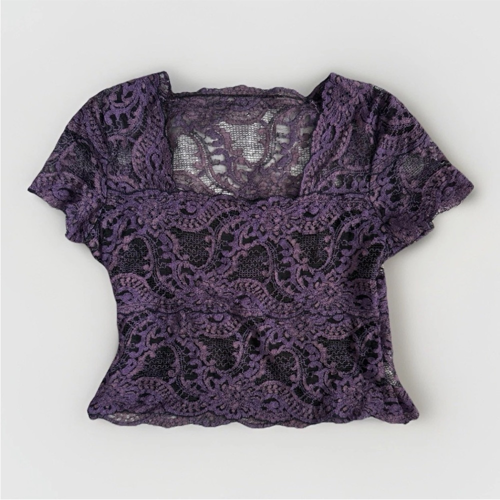 Vintage Purple Black Lace Stretch Square Neck Sheer Large Crop Romantic Goth